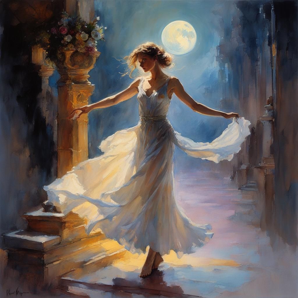 Woman Dancing at Midnight in Watercolor