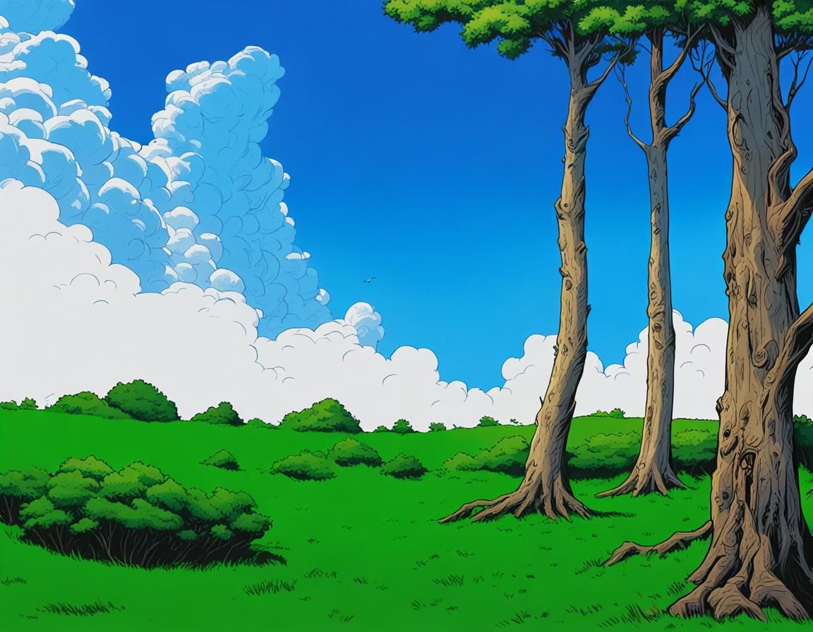 One medium sized oak tree in foreground on right, two skinny oak trees to the left and medium far distance behind first ...