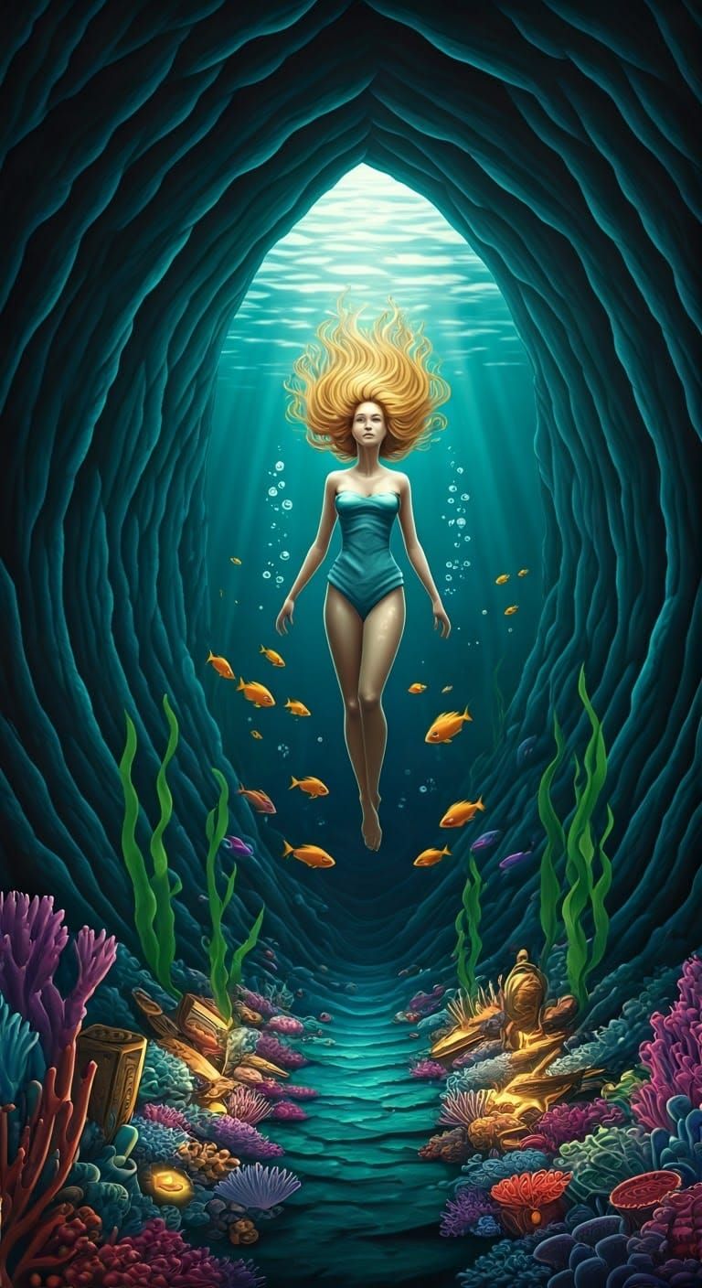 Underwater Grotto Shines with Mermaids and Treasures