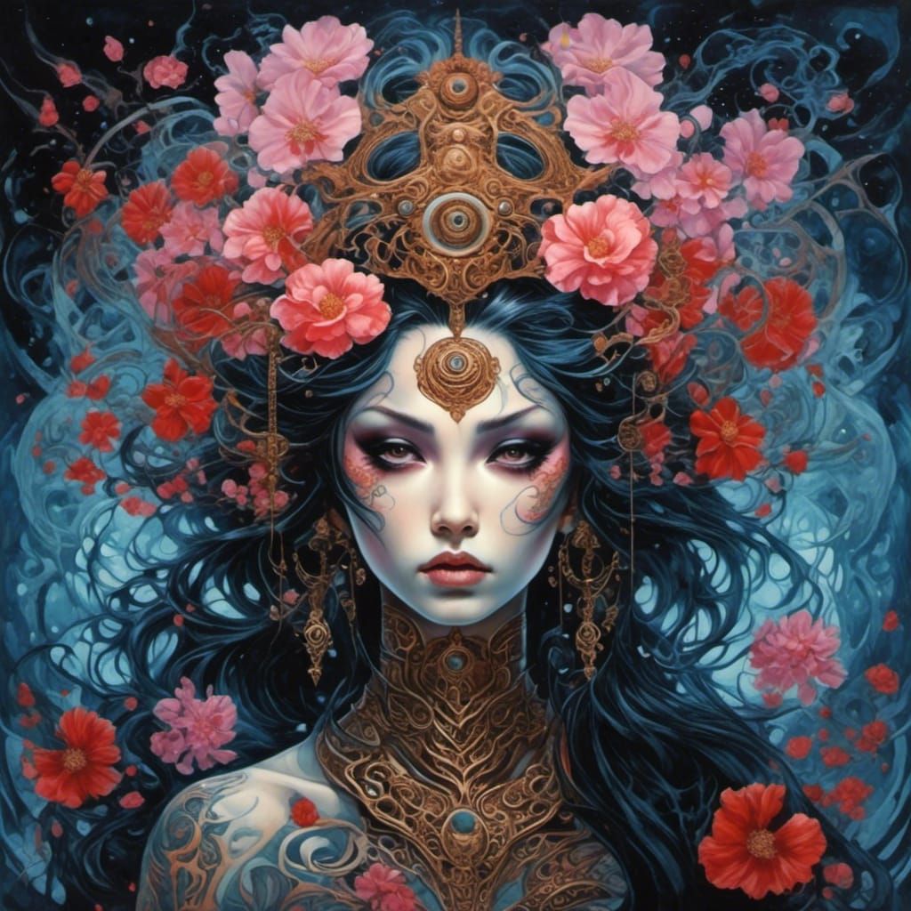 Gothic Anime Goddess with Cosmic Tribal Tattoos