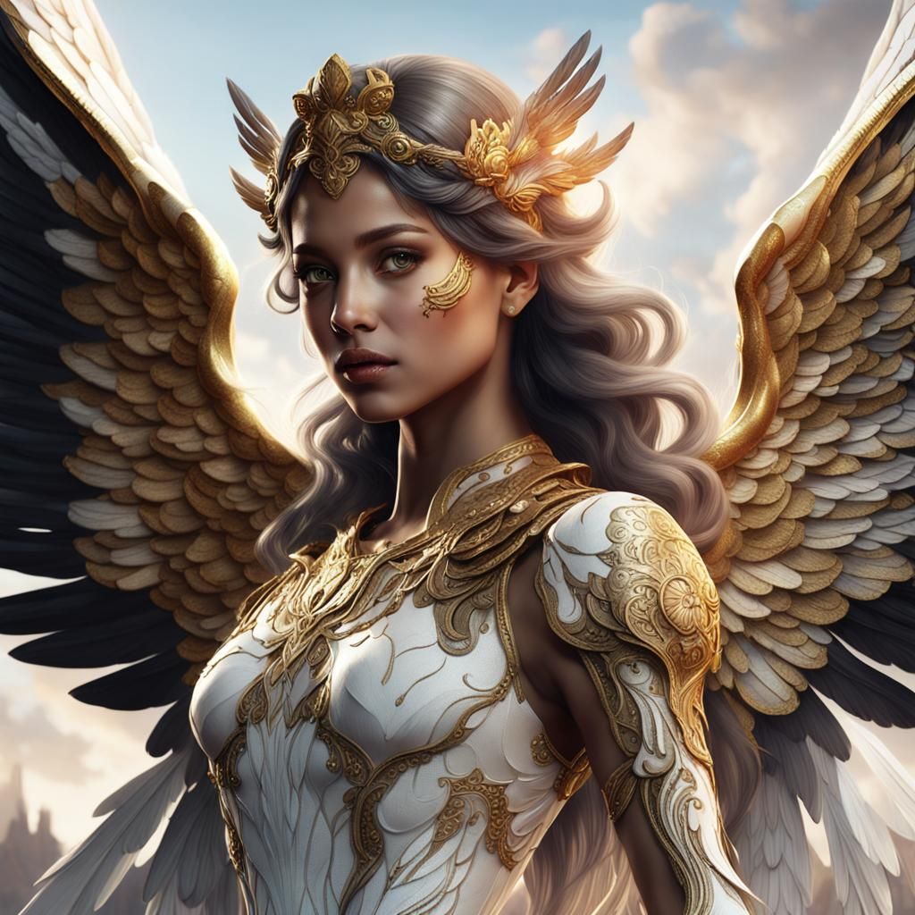 Beautiful Angel Portrait in Gold, Black, and White