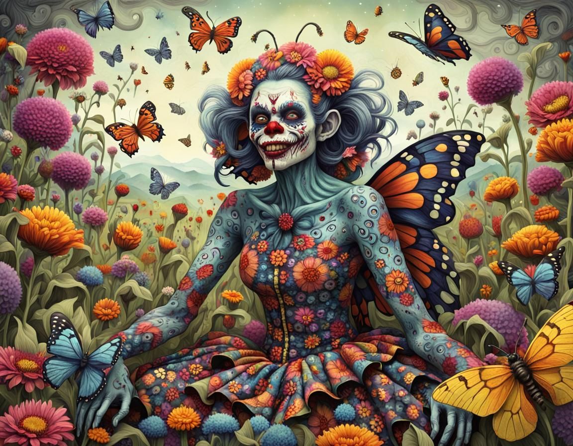 Surreal Zombie Monkey Clown Fairy in Flower Field