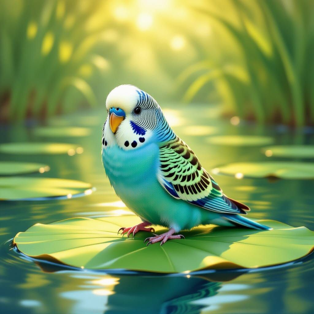 Vibrant Budgie Chirping on Lily Pad in Sun-Dappled Pond