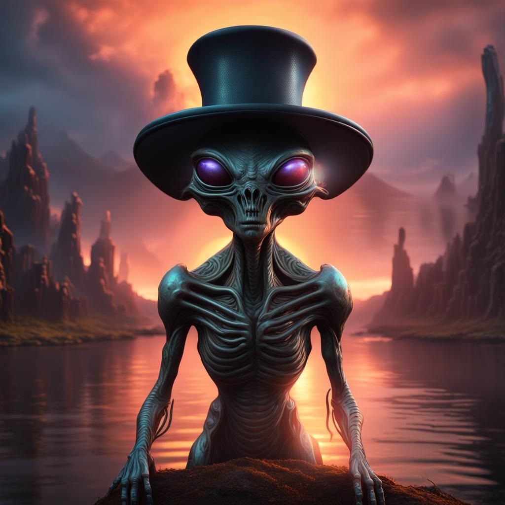 Alien in Top Hat at Sunset: Detailed Matte Painting