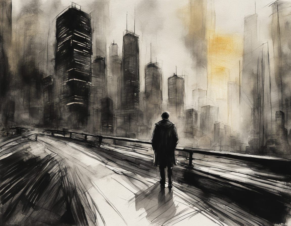 Figure Gazing Over Shoulder in Charcoal Sketch Style