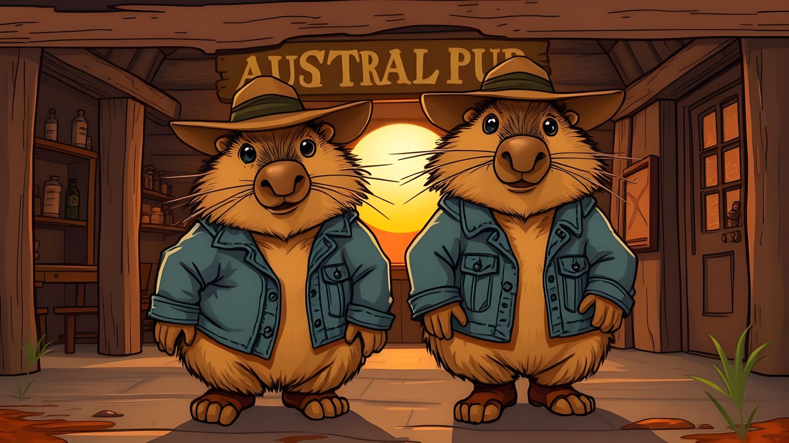 Realistic Cartoon Australian Cattle Drovers Wombats
