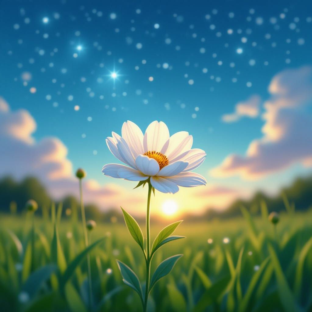 Photorealistic Flower Blooms Under Starry Sky