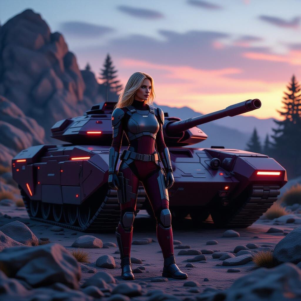Woman in Combat Suit Beside Futuristic Tank at Dusk
