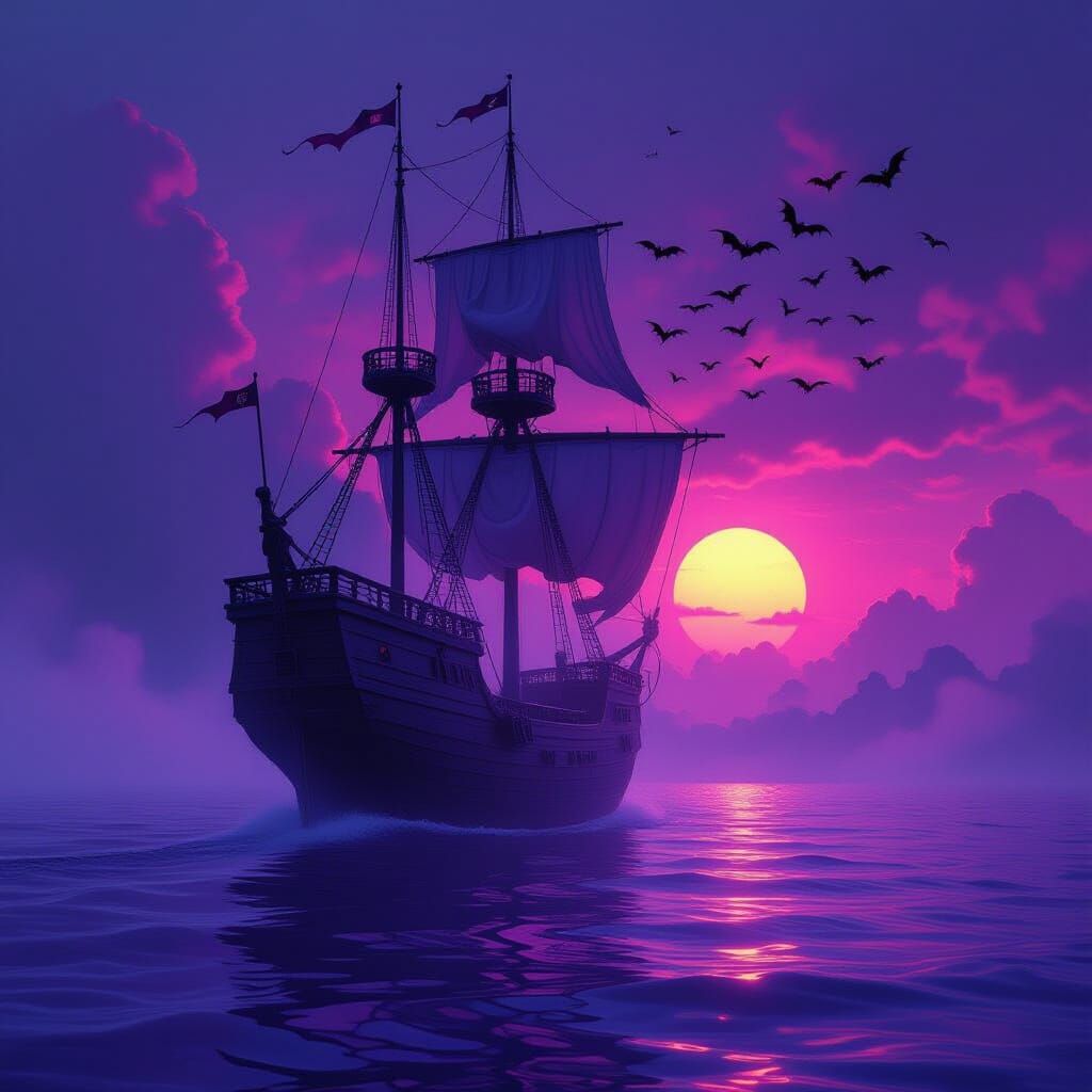Spectral Galleon on Purple Sea at Pink Sunset