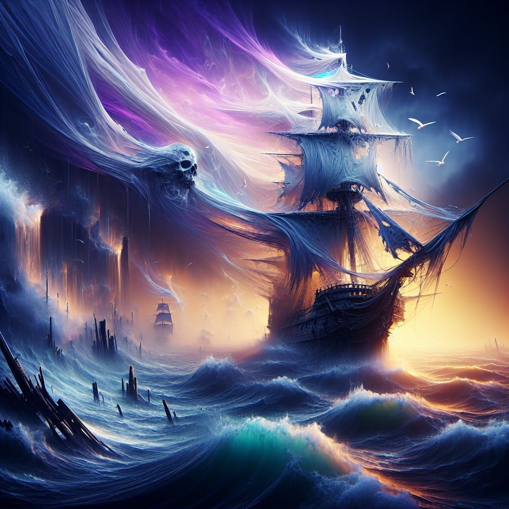 Ethereal Ghost Ship Navigating a Dark Fantasy Storm