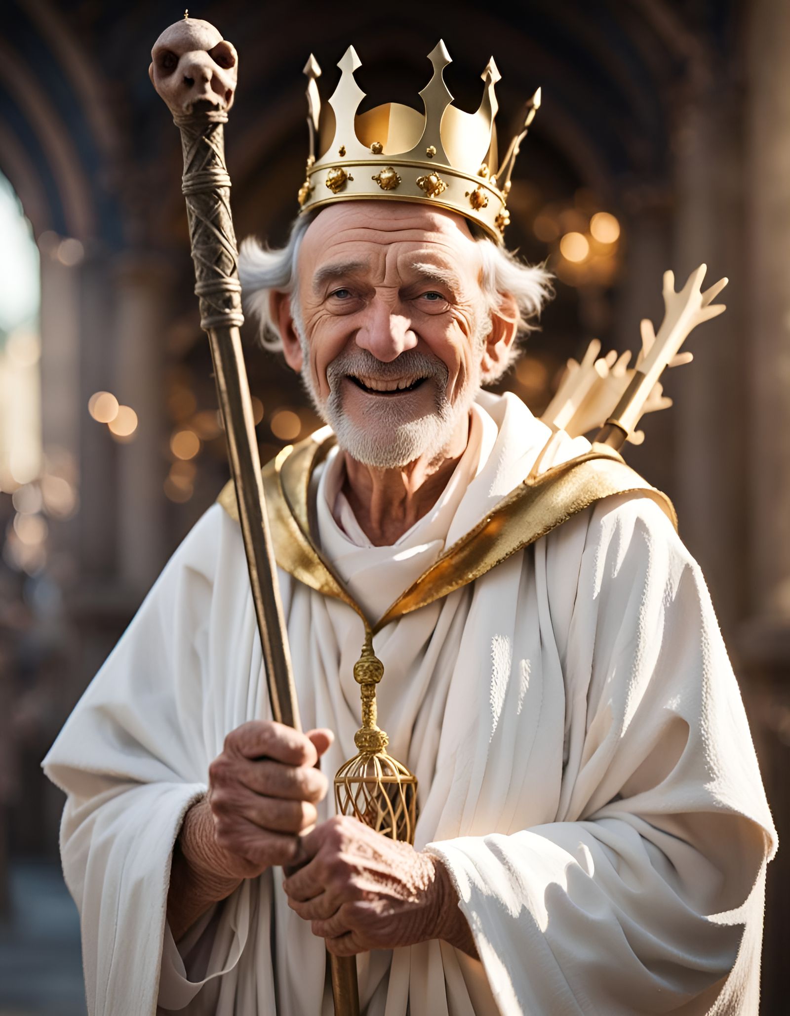 Crowned Old Man with Mice in Golden Cage