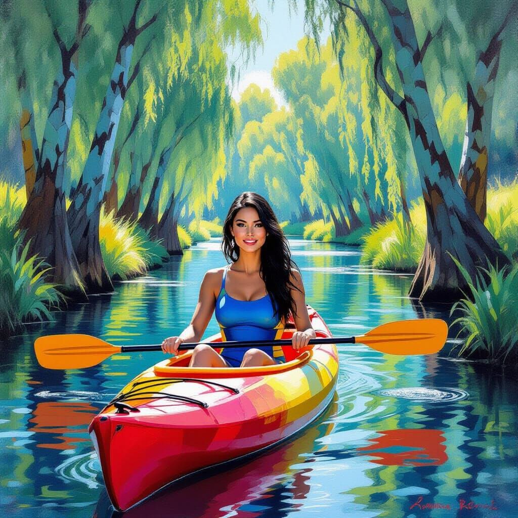 Woman Kayaking in Creek, Impressionistic Style