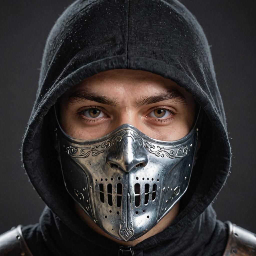 Cheerful Close-Up of Knight in Mask and Hood