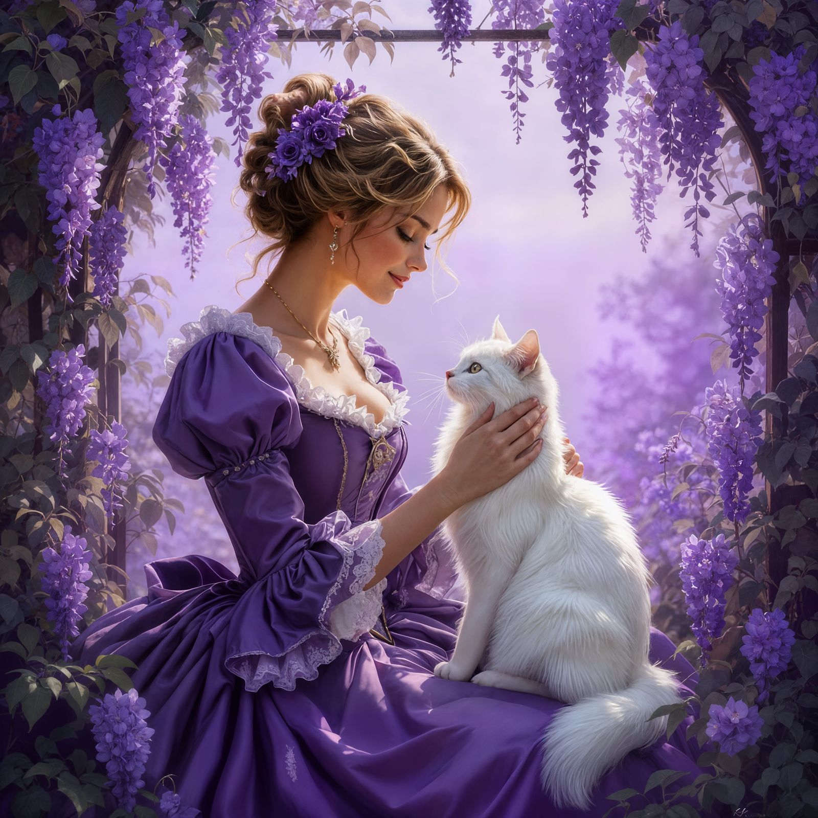 Regal Woman and Cat in Lilac Garden