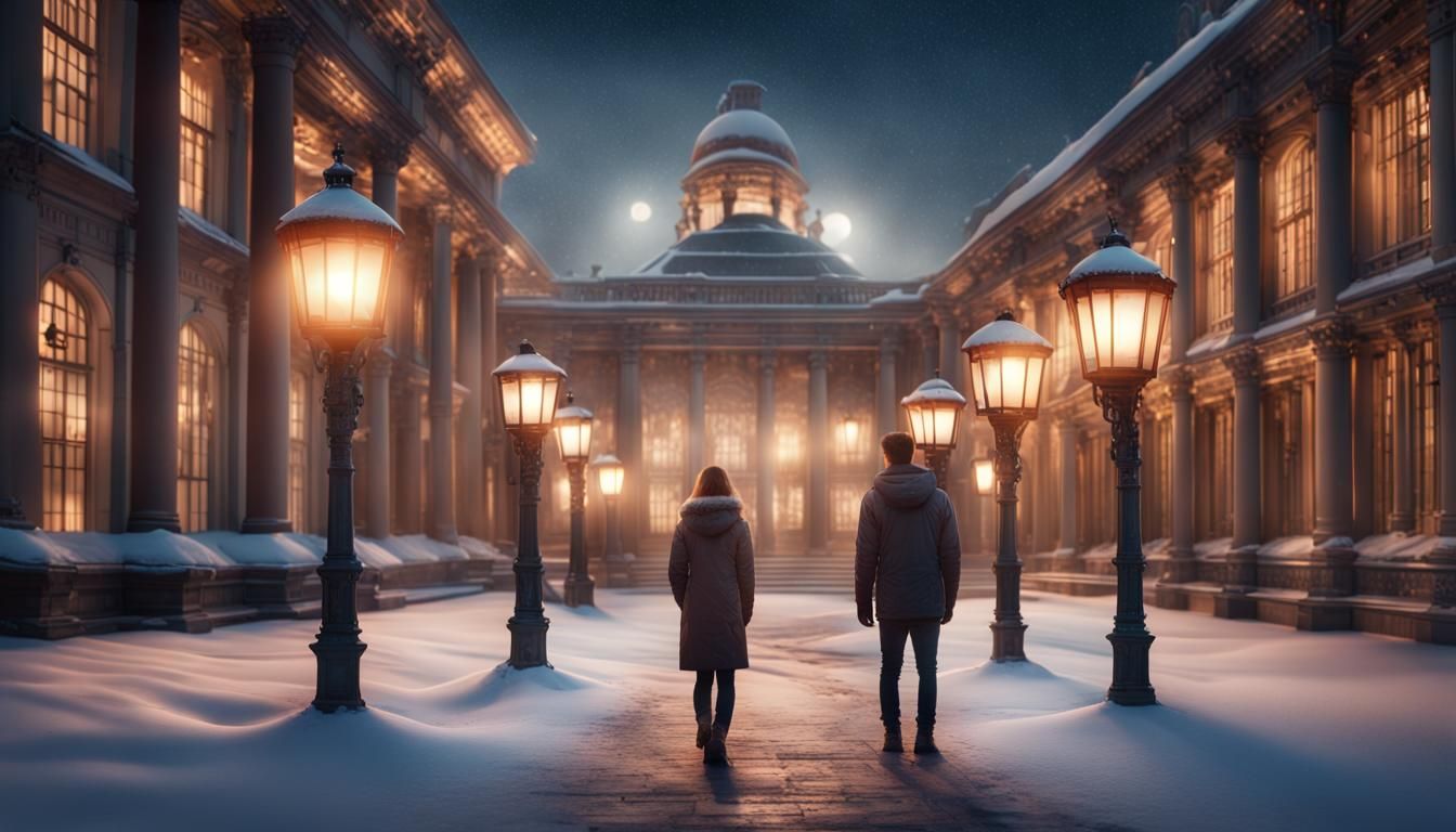 Winter University at Night with Couple