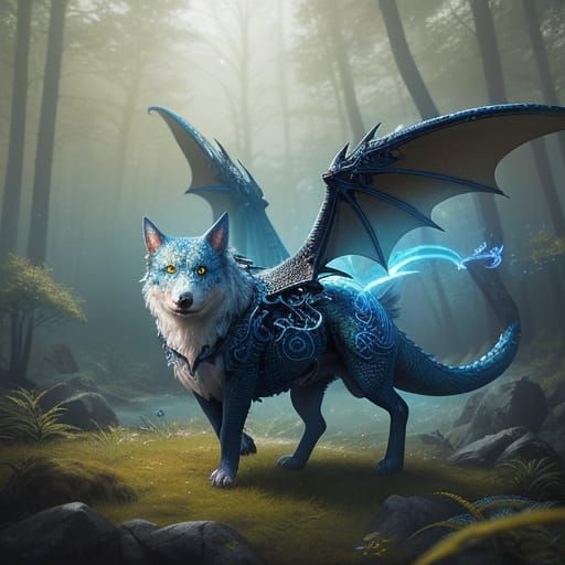 Dog with Dragon Wings Flying in Mystical Forest