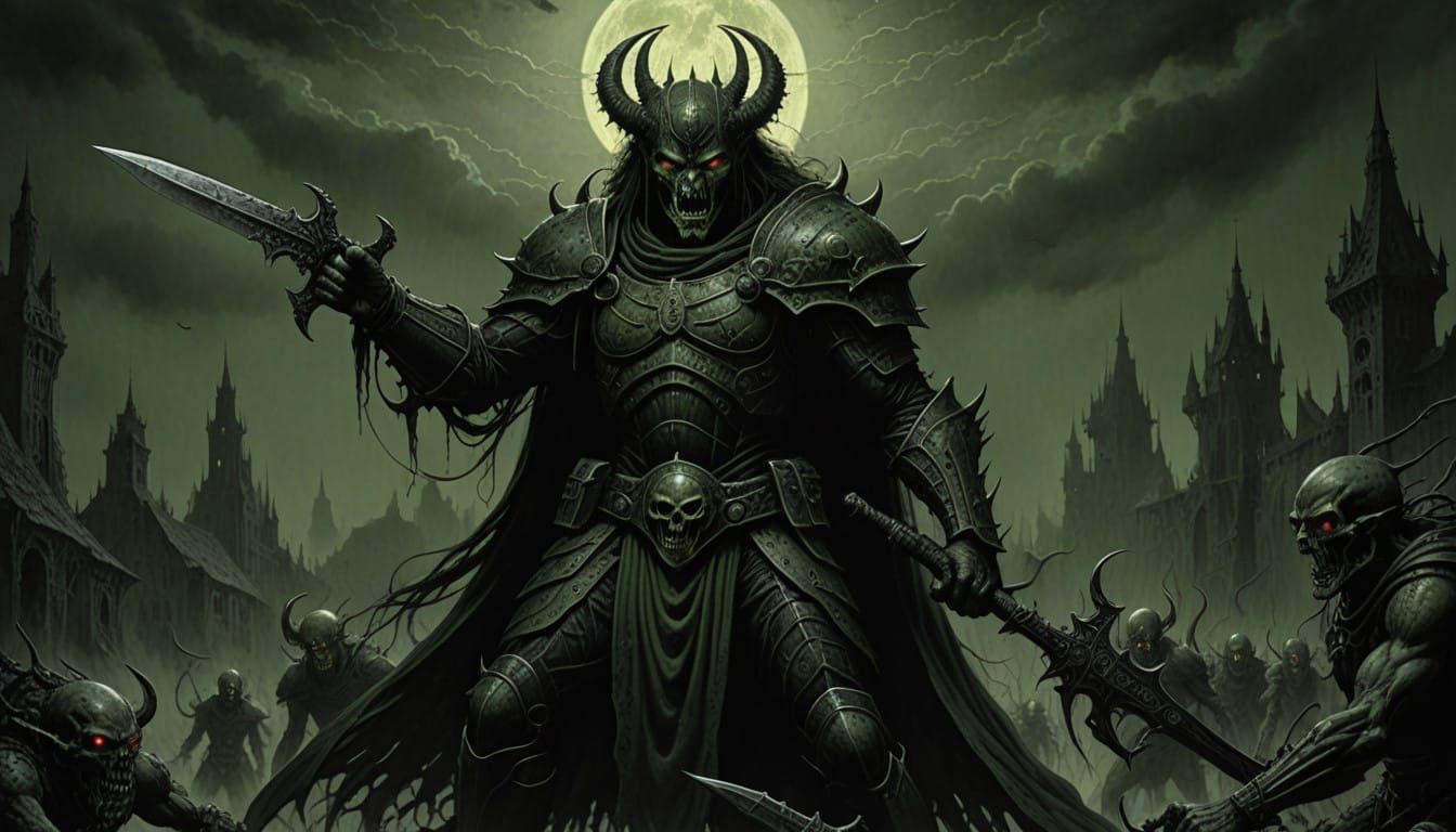 Dark Fantasy Warrior Battles Under Full Moon