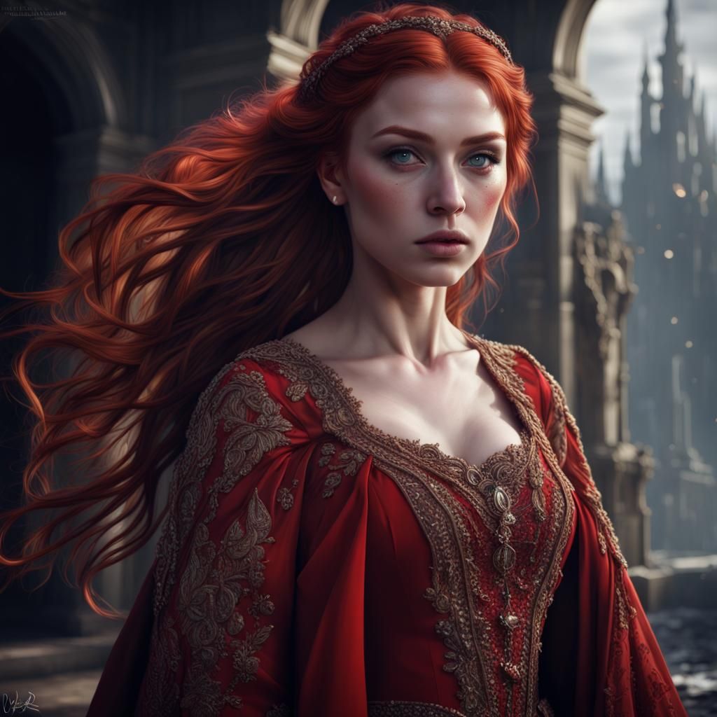 Redhead Woman in Red Gown: Detailed Portrait