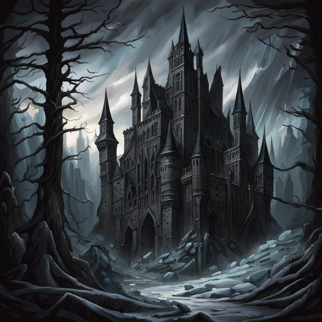 Eerie Gothic Castle in Dark Fantasy Landscape