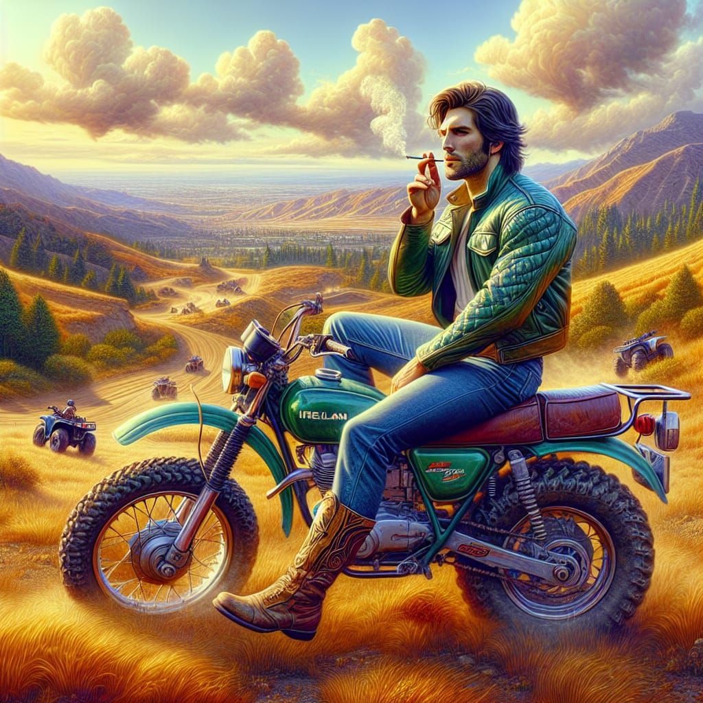 1970's Irish male model smoking on 1980 honda 250R three-whe...