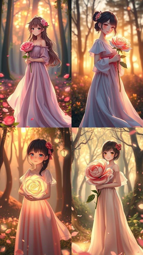Girl with Rose in Enchanted Forest: 3D Anime Art