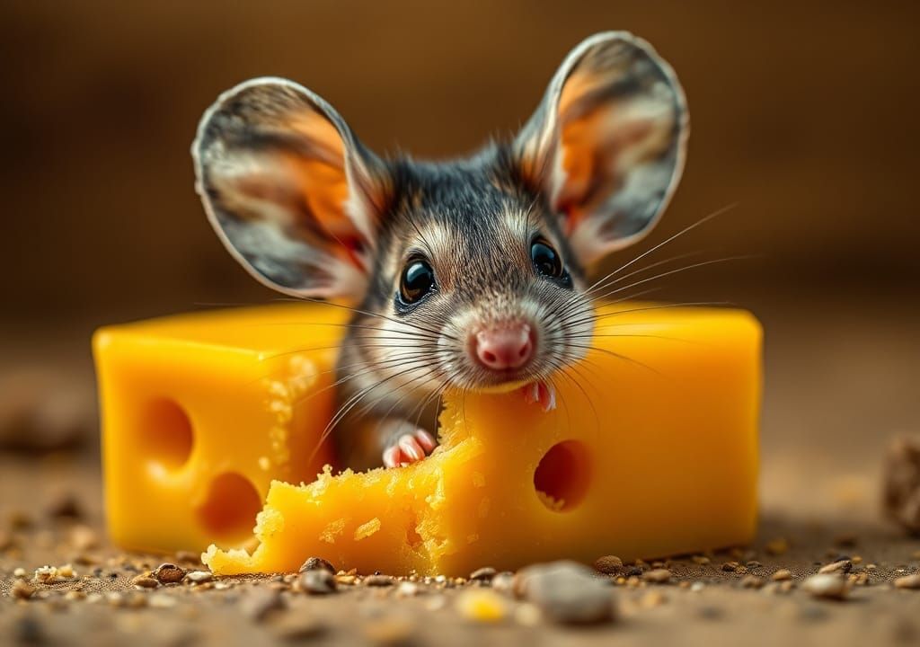 Tiny Mouse Feasting on Cheese, Hyperrealistic Close-Up