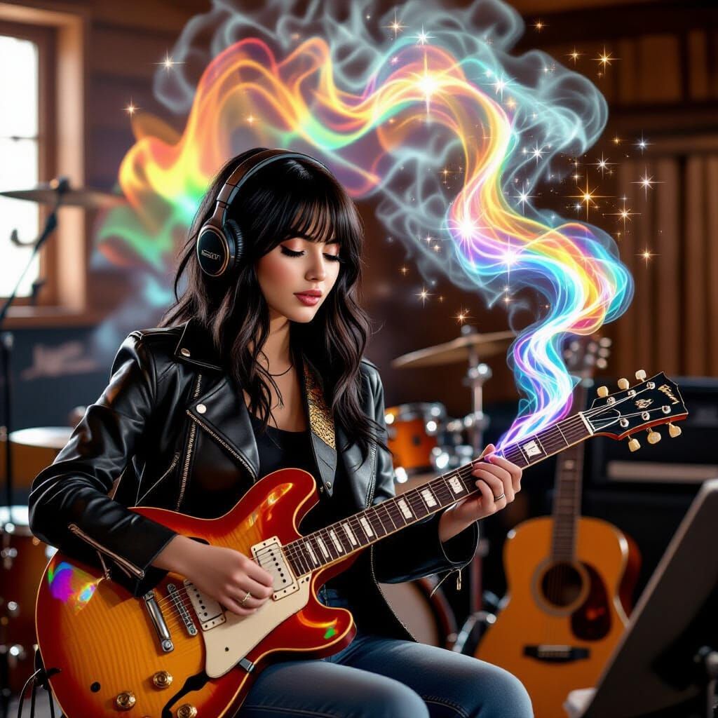 Woman Playing Guitar with Rainbow Steam in Studio Quality