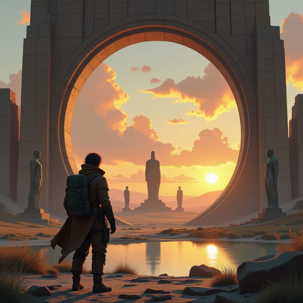 Explorer at Ancient Archway in Golden Hour Light