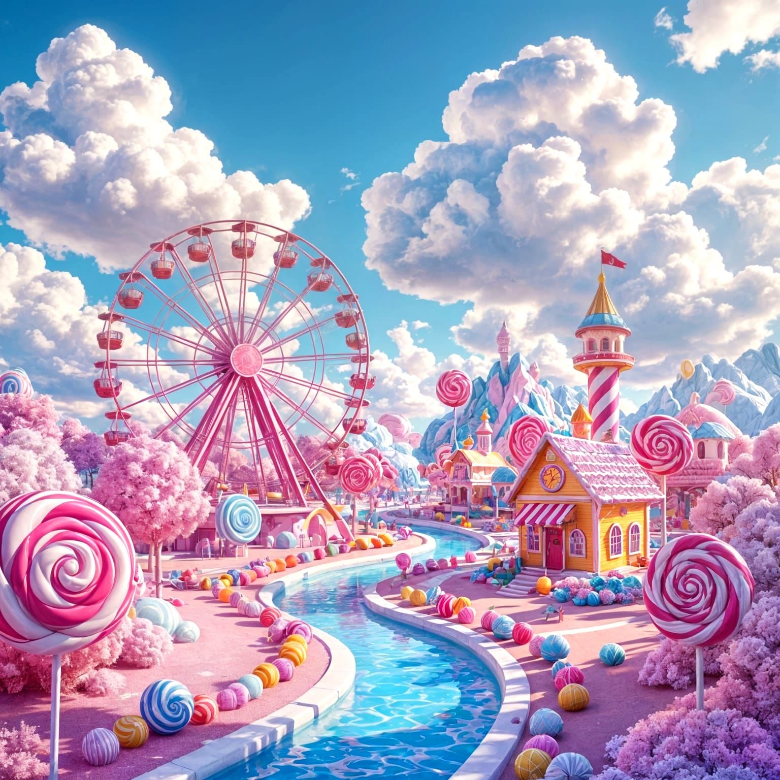 Whimsical Candy Wonderland Landscape with Ferris Wheel