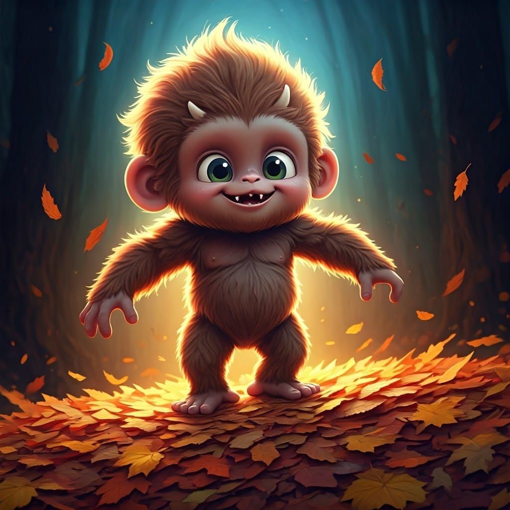 Adorable Fluffy Bigfoot Dances in Autumn Leaves