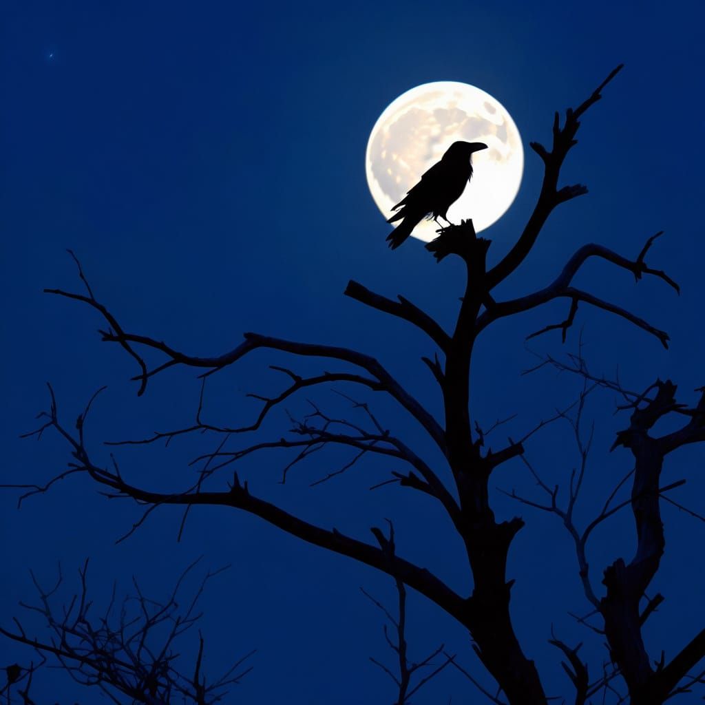 Raven on Dead Tree Under Full Moon