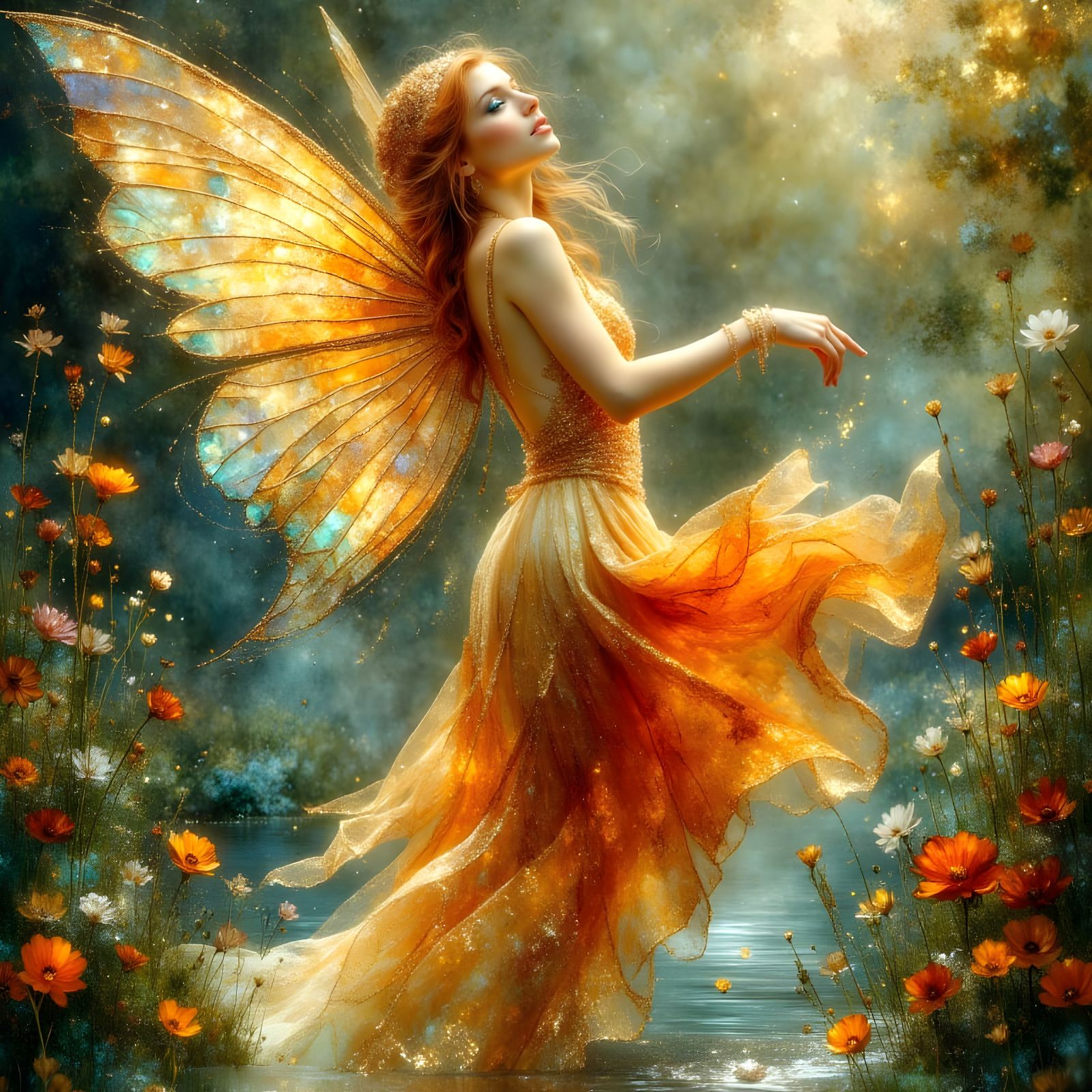 Smiling Fairy with Metallic Costume in Dappled Light