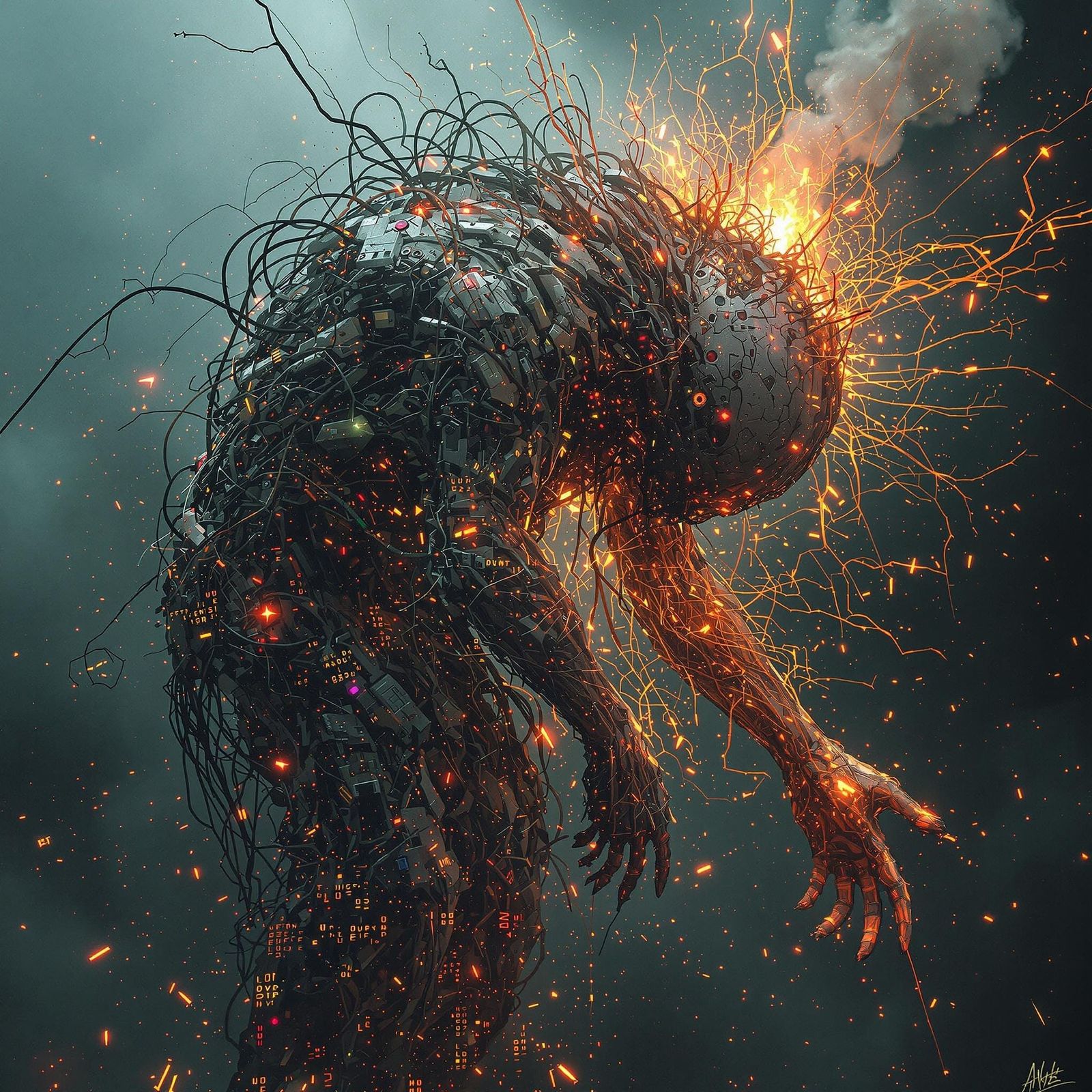 Biomechanical Collapse in Cyberpunk Aesthetic