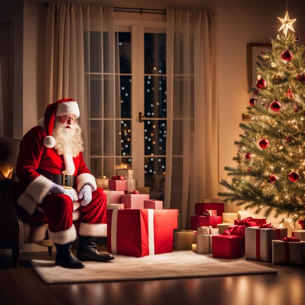 Santa Claus Delivering Christmas Presents at Home