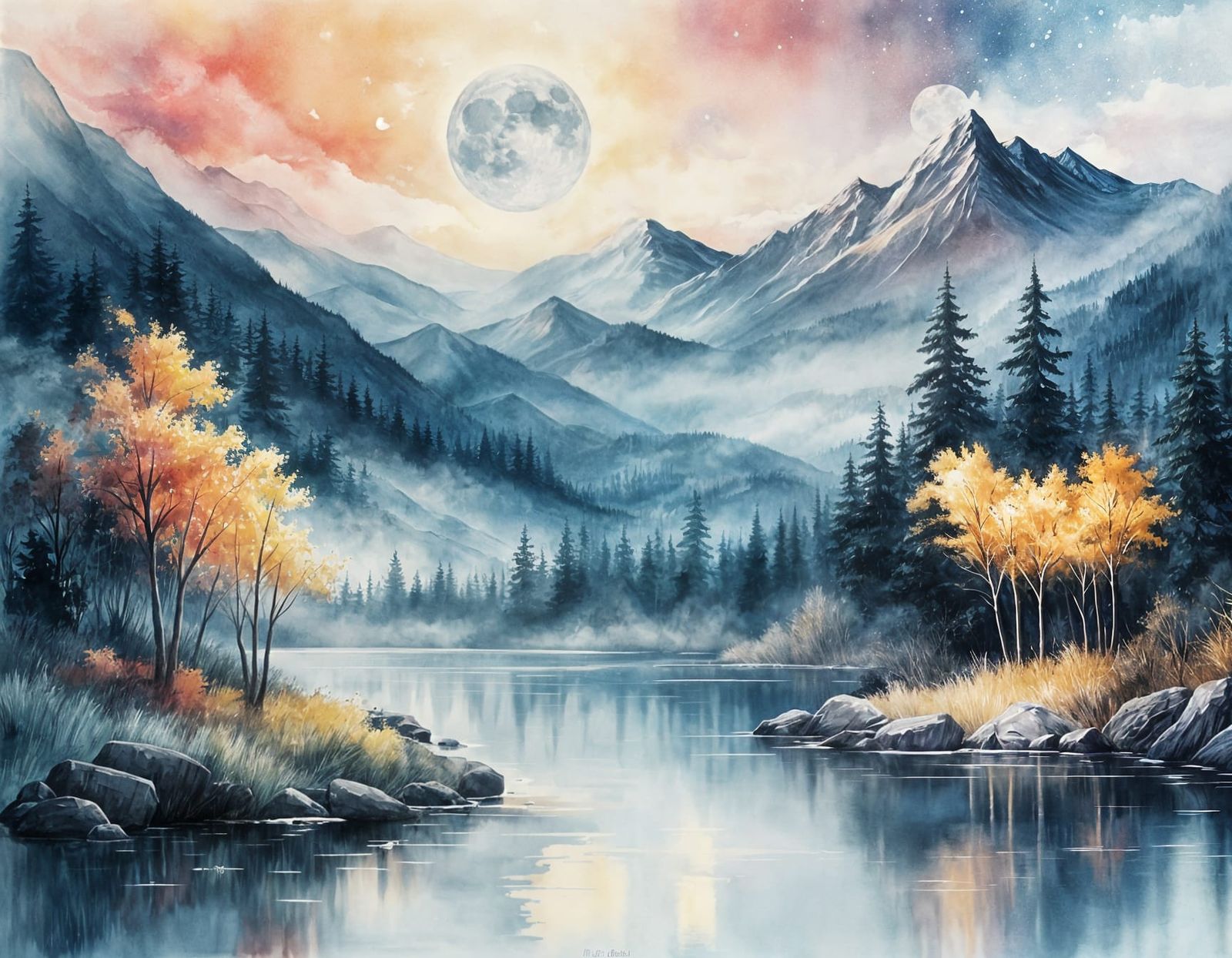 Moonlit Night Nature Scene in Splash Art Style