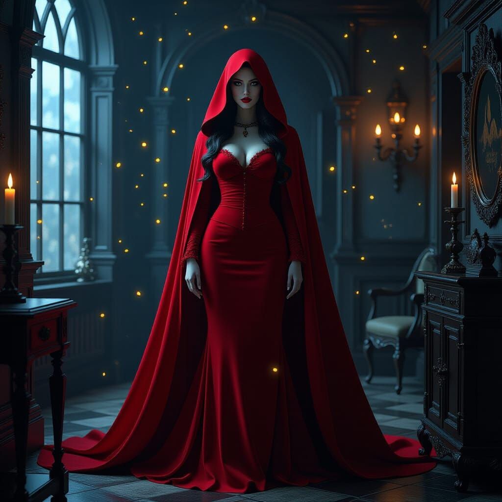 an elegant and mysterious witch dressed in a long red dress ...