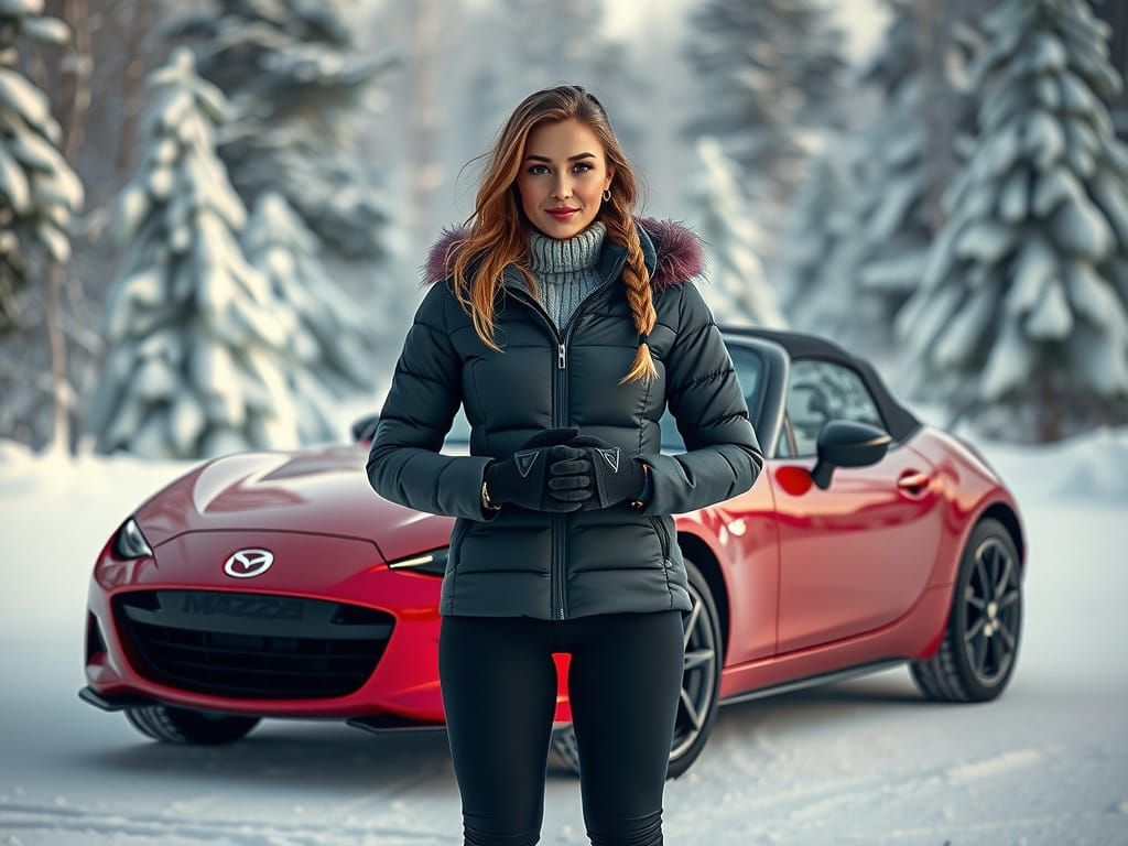 Serbian Woman with Red Mazda MX-5 in Winter