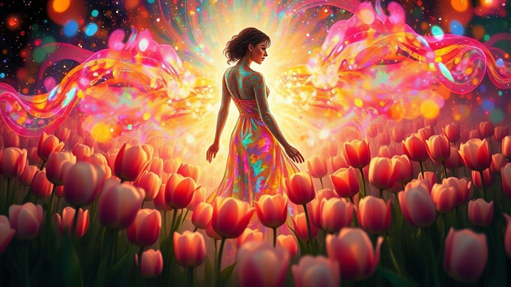 Surreal Goddess Radiates Iridescent Aura Amidst Tulips in Wh...