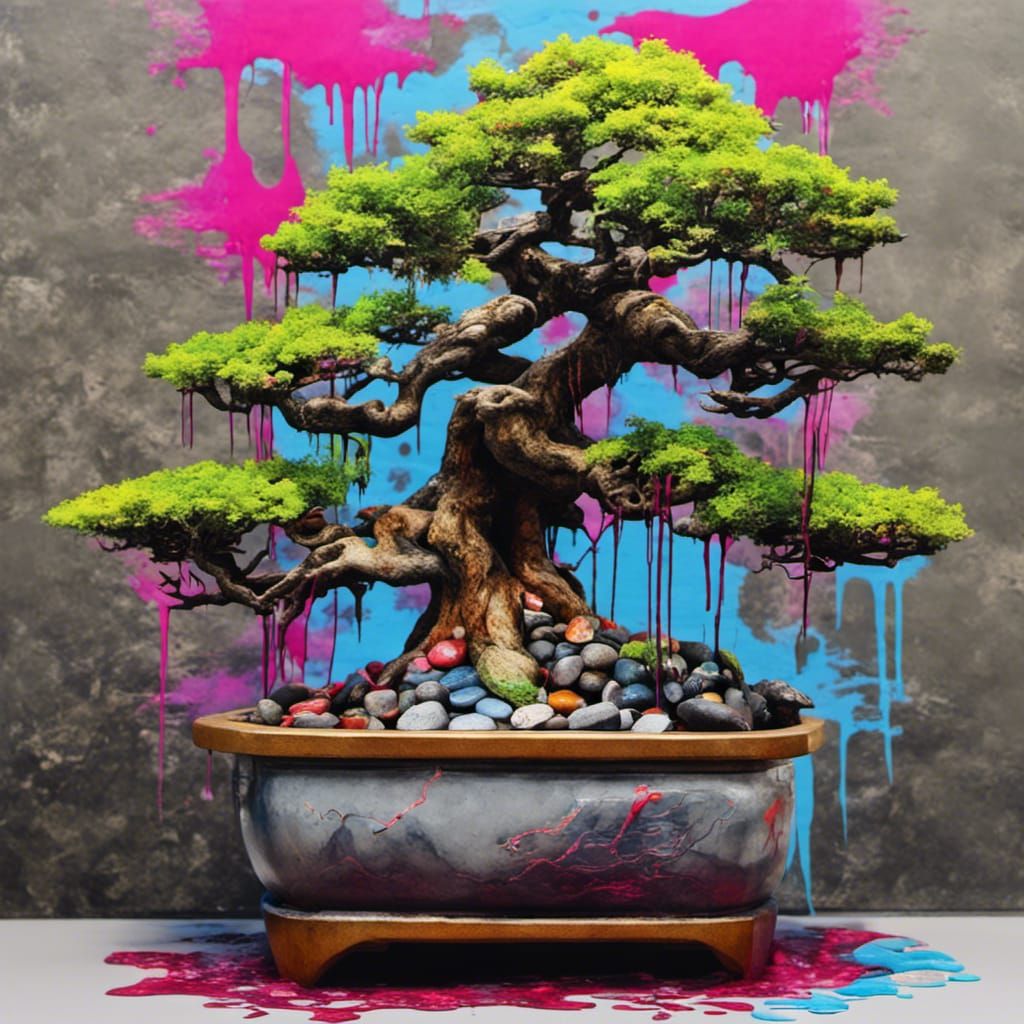Money Bonsai with Waterfall in Graffiti Art Style