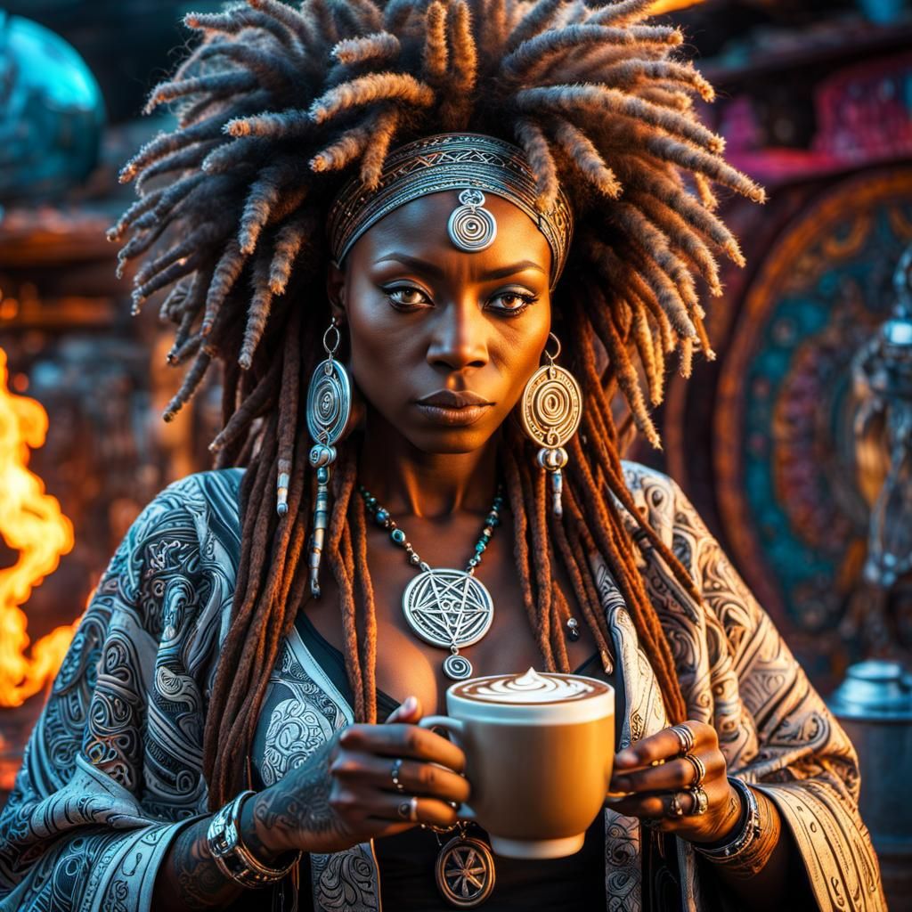 Futuristic Coffee Voodoo Witch in Psychedelic Art