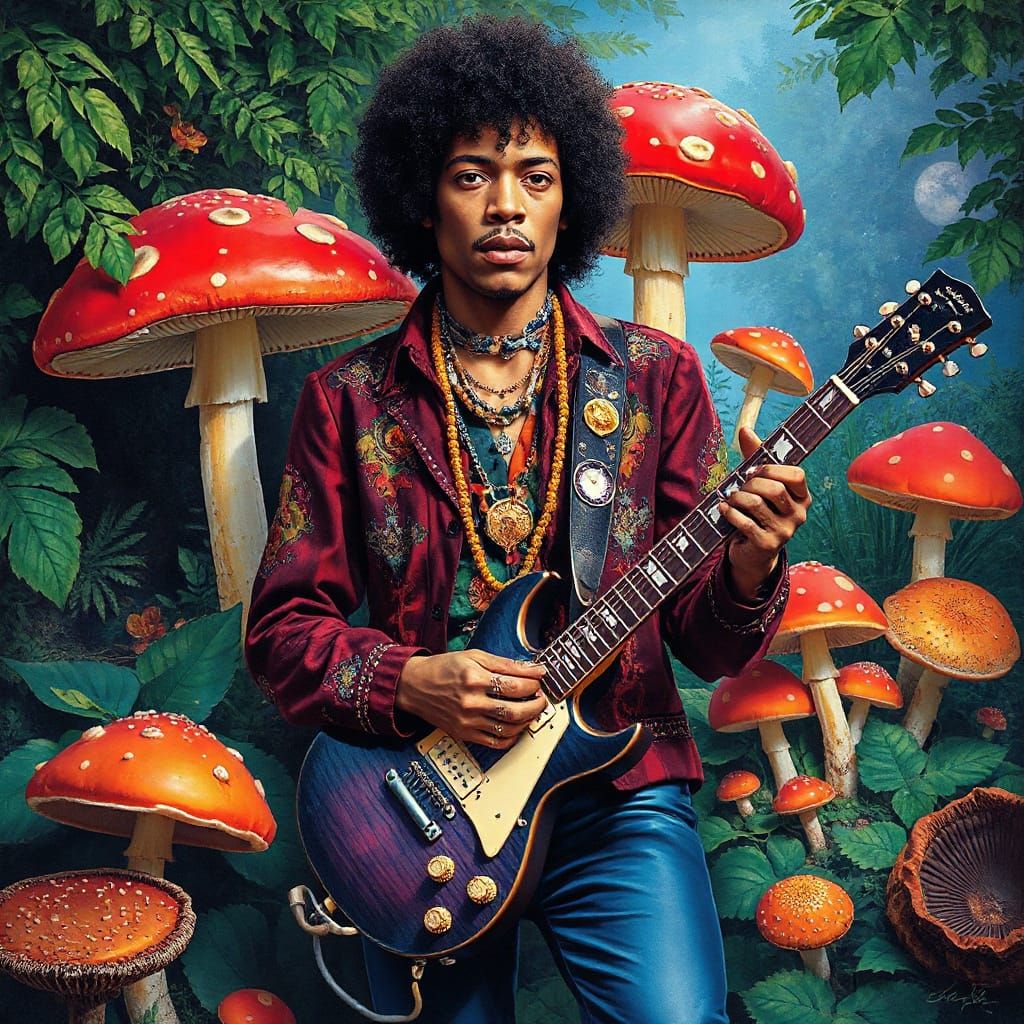 Psychedelic Rockstar Surrounded by Amanita Muscaria