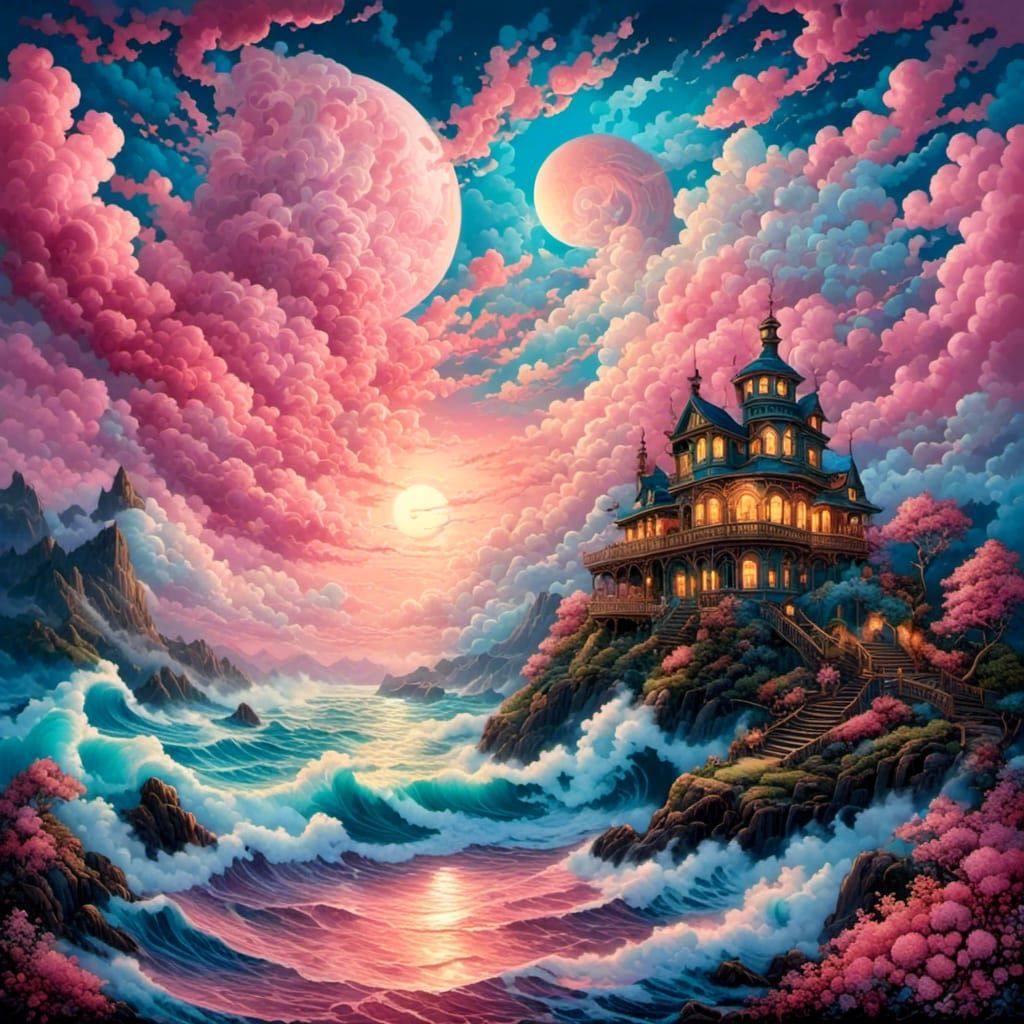 Pink Stormy Seascape with Cotton Candy Clouds