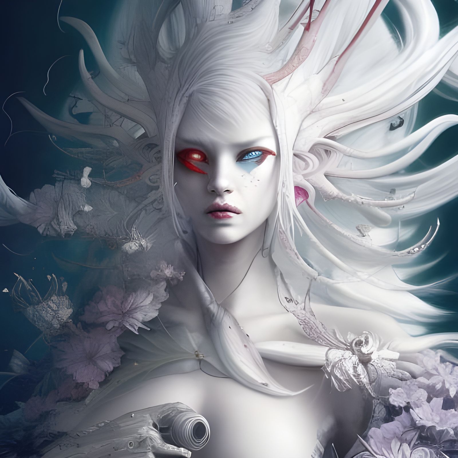 Detailed White-Haired Oni Fantasycore Artwork