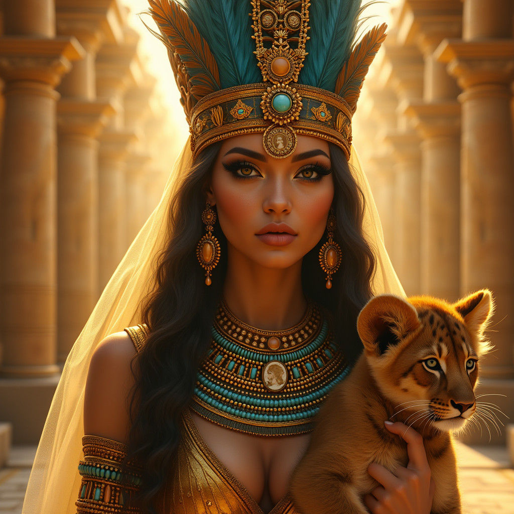 Egyptian Queen in Golden Temple with Lion Cub
