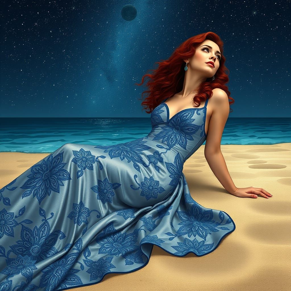 Woman Gazing at Stars: Art Nouveau Dreamscape