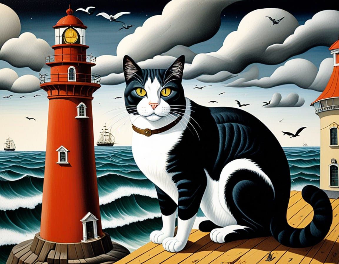 Vibrant Sea Cat Admires Lighthouse Amidst Stormy Seas