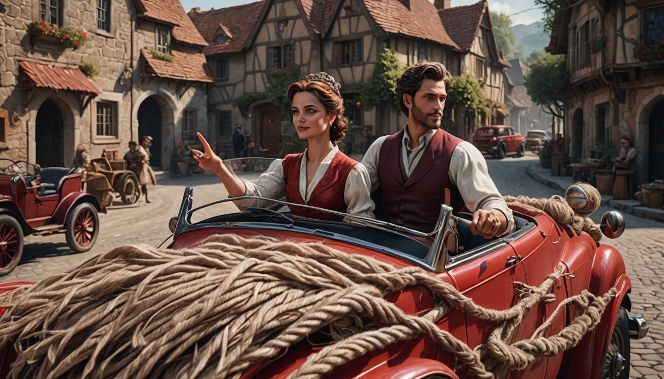 Victorian Couple Drive Classic Car, Waving