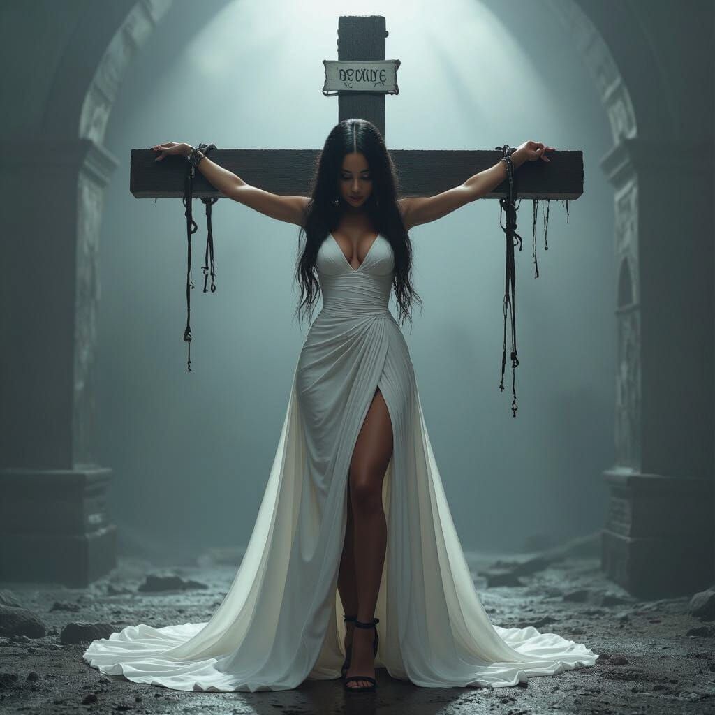 Symbolic Figure on Cross in Dark Surreal Style