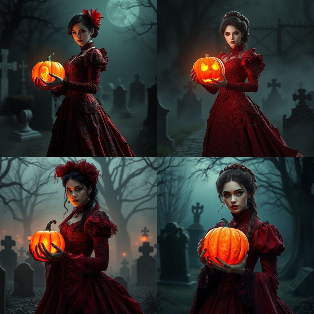 Victorian Woman with Glowing Pumpkin in Misty Graveyard
