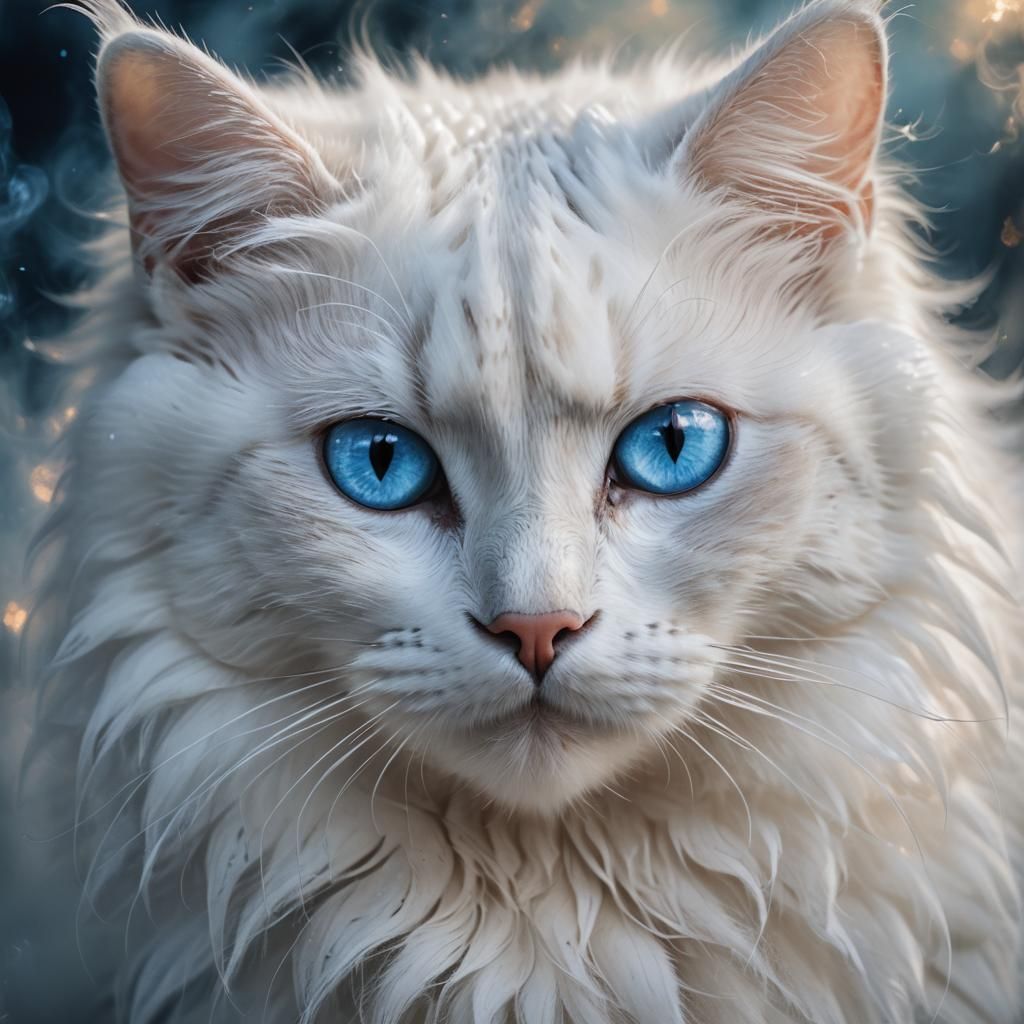 Ethereal White Cat Portrait in Dreamlike Digital Art
